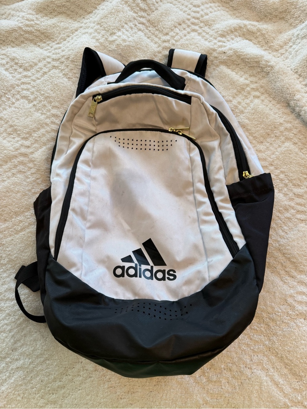 adidas White and Black Backpack with Gold Zippers - sports - school